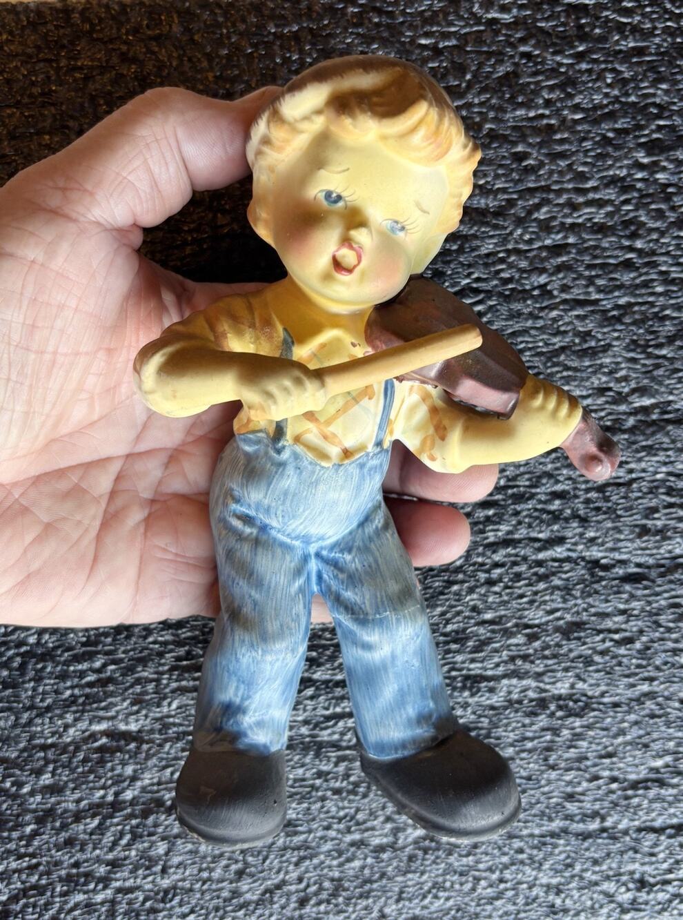 Vintage Young Farmer Boy Fiddle Player in Overalls F128